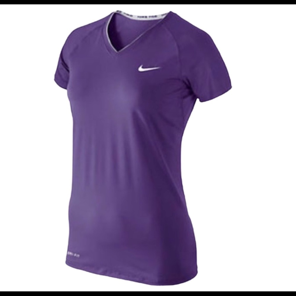 NIKE PRO COMBAT Dri Fit Logo Print Fitted Tee/Top With V Neck Purple Size Small